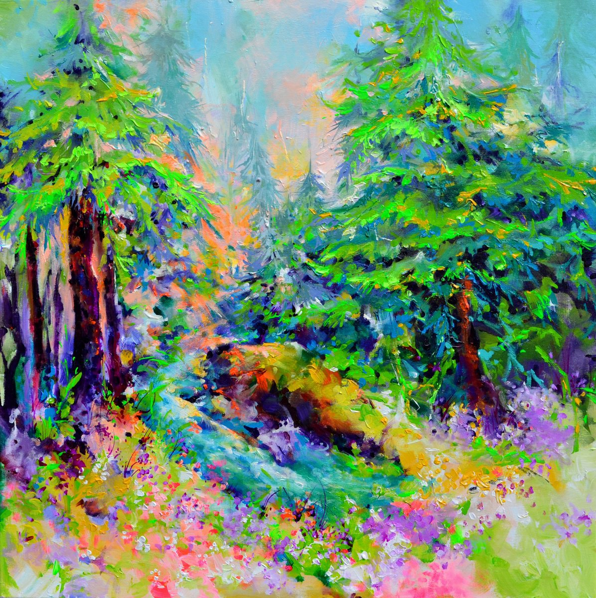 Impressionistic Landscape Acrylic Painting By Soos Roxana Gabriela, 31 X 31", Stream In The Fir Forest, Original Artwork