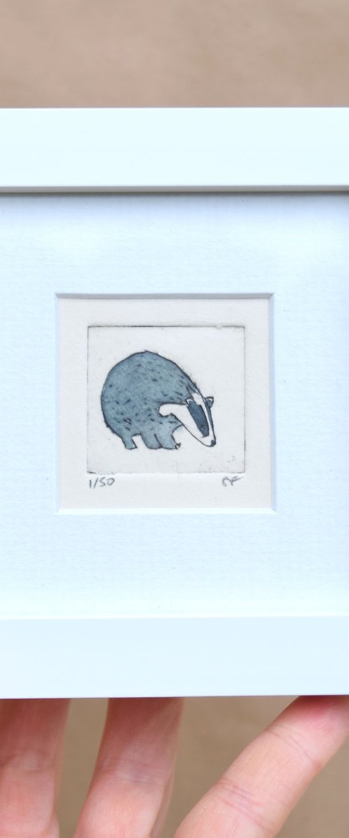 Mini framed badger by Sally Fisher