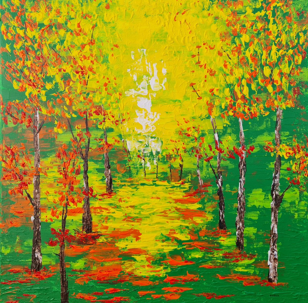 Impressionistic Landscape Acrylic Painting By Daniel Urbani?k, 20 X 20, Trees In The Sun, Original Artwork