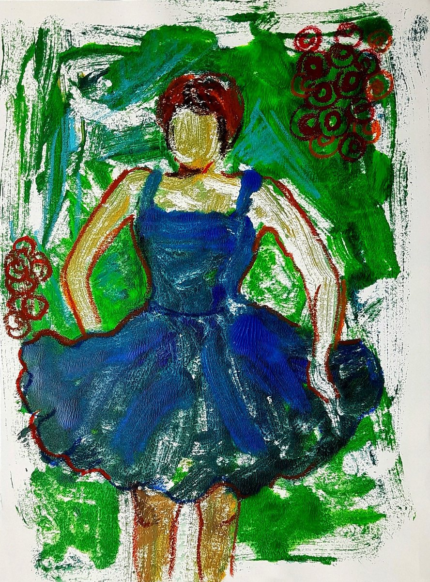 Ballerina in Blue - Mixed media on paper 11x 8.25 by Asha Shenoy
