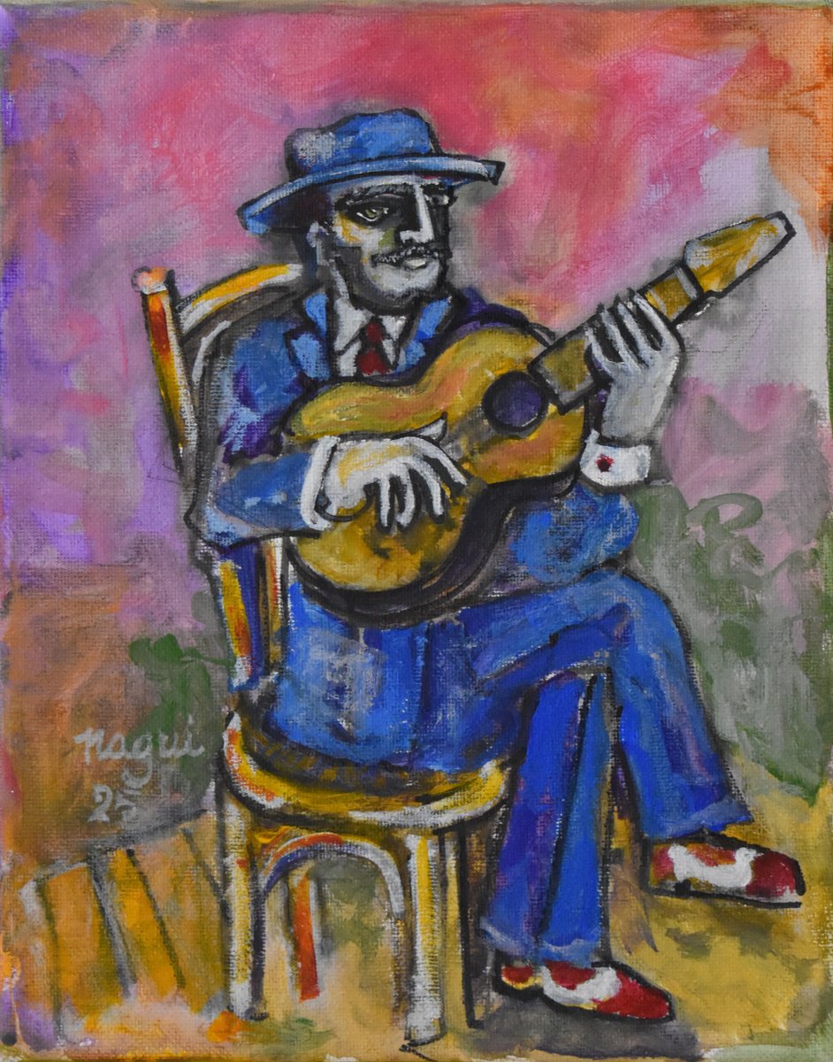 Impressionistic Portrait Acrylic Painting By Nagui, 8 X 10", Guitarist 2-25, Original Artwork