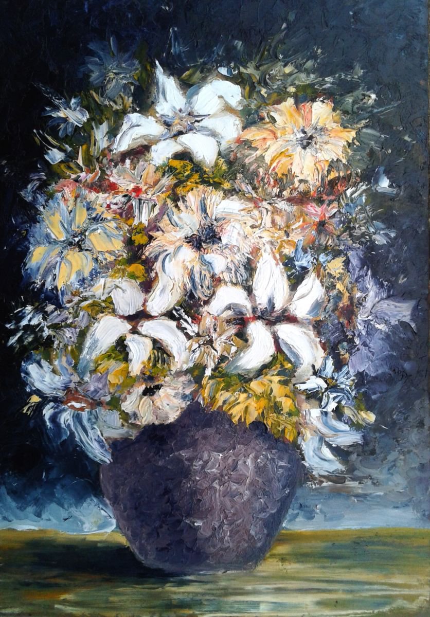NIGHT PERFUME flowers in a vase oil still life painting by Emilia Milcheva