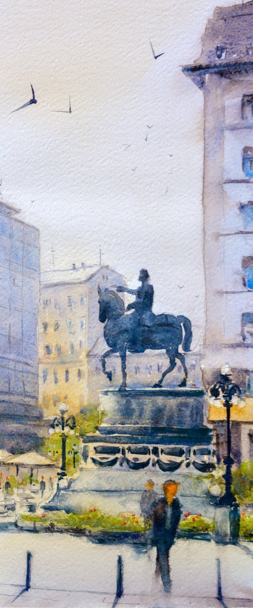 High sun at Republic square Belgrade 17x36 cm 2022 by Nenad Kojić watercolorist