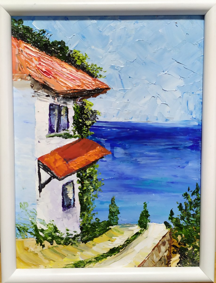 New day, original landscape sea sky, house oil painting, Gift, art for home by Nataliia Plakhotnyk