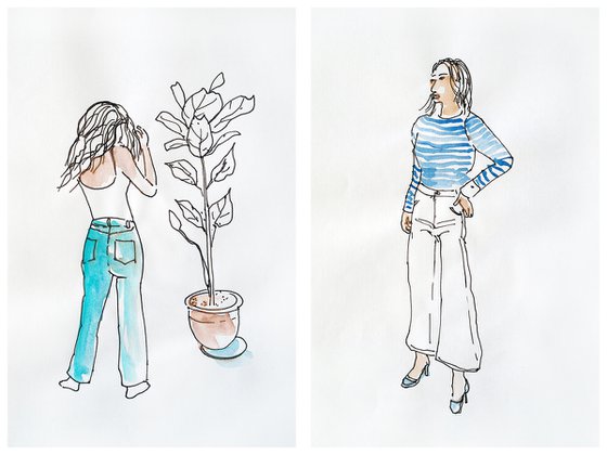 Set of 2 sketches with people - stylish women