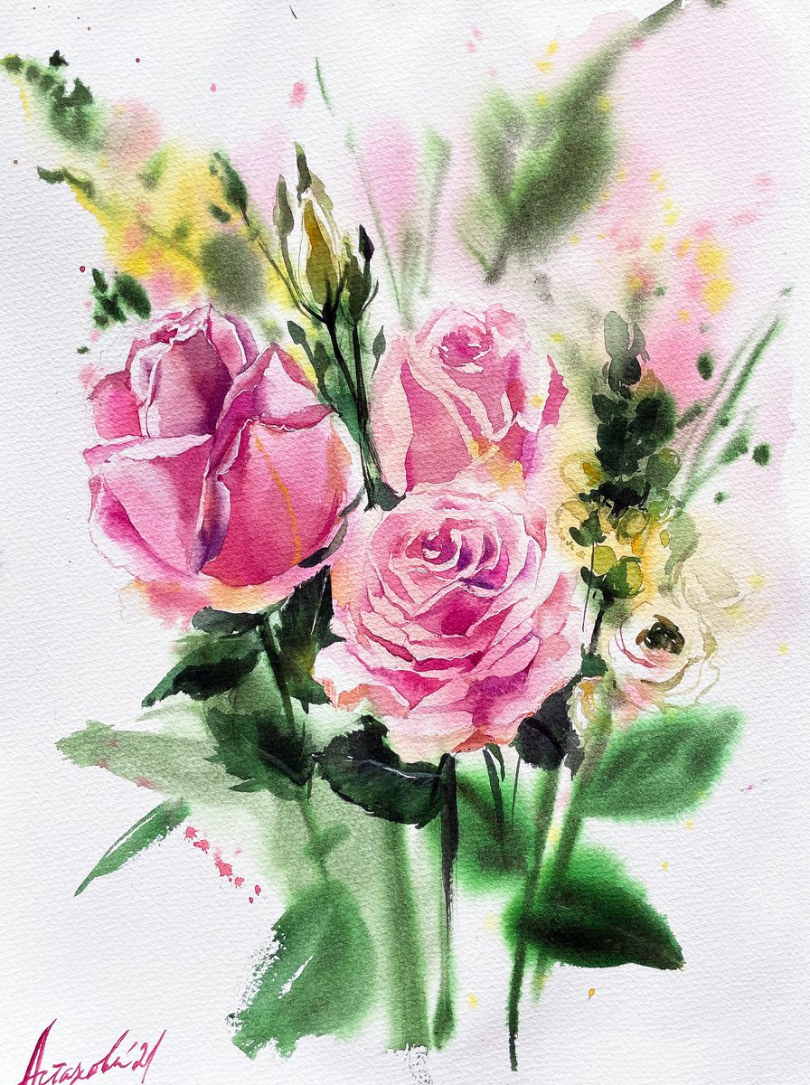 Impressionistic Botanical Watercolour By Ksenia Astakhova, 12 X 16", A Rose Bouquet, Original Artwork