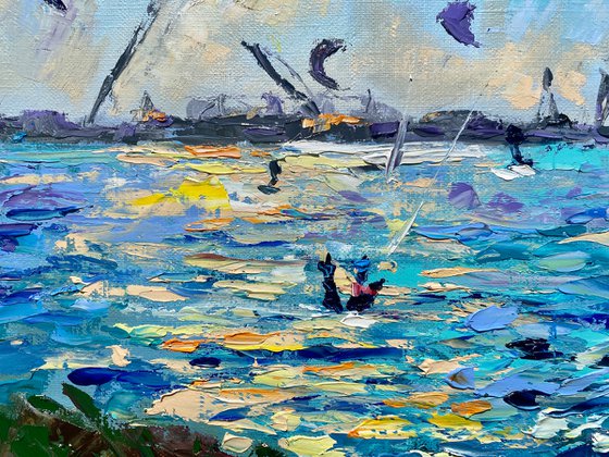 Kitesurfing - Сatch before sunset, 47*37cm, impressionistic oil impasto landscape painting