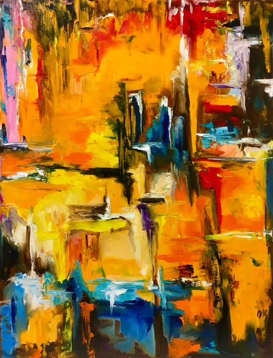 Modern Abstract City, orange sunset, palette knife original oil painting.