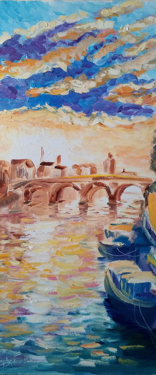 Barges on the Seine, Paris France, Sunset by Dmitry Fedorov