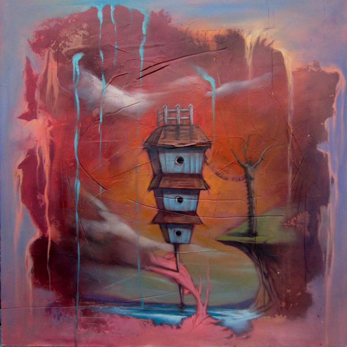 Surrealistic Landscape Oil Painting By Christopher Scardino, 30 X 30, Treehouse Ii, Original Artwork