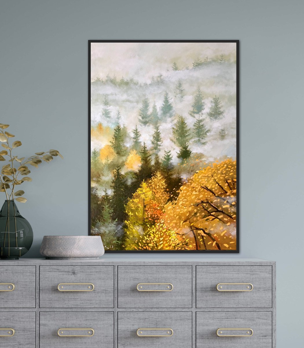 Impressionistic Landscape Oil Painting By Volodymyr Smoliak, 20 X 28", Foggy Forest, Original Artwork