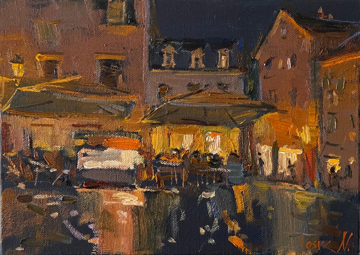 Night in old city 25x35 cm| oil painting on canvas by Nataliia Nosyk