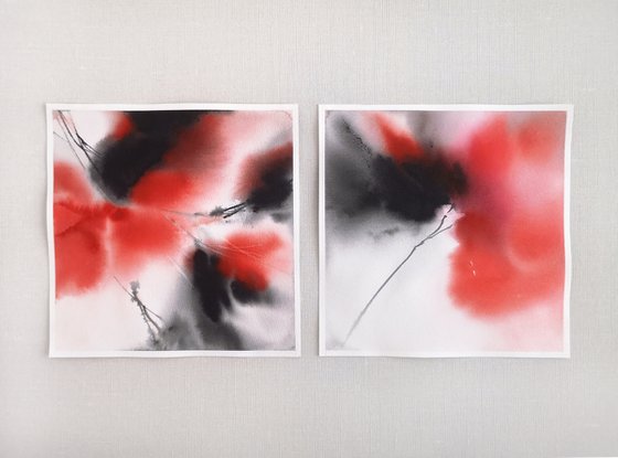 Red abstract flowers diptych