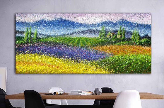 Large lavender wheat Impressionist Painting Large Summer fields Beautiful landscape