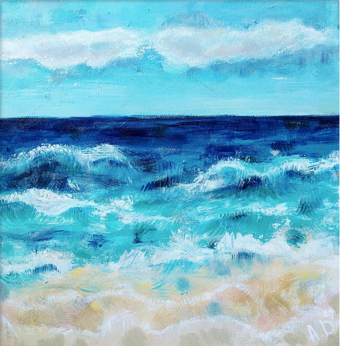 Impressionistic Landscape Acrylic Painting By Angelina Doseva, 16 X 16, Sweet Times - Ocean, Original Artwork