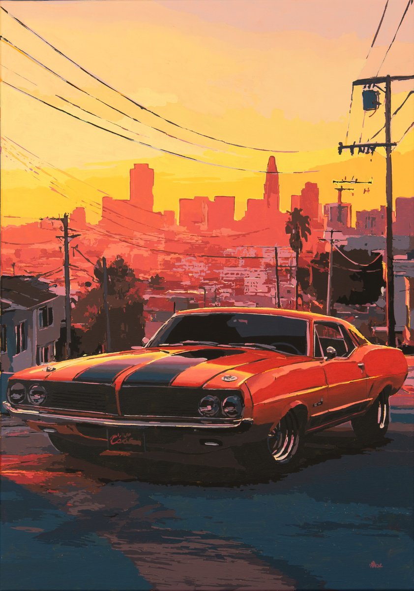 Photorealistic Cityscapes Acrylic Painting By Marco Barberio, 28 X 39", Fast Car 2, Original Artwork