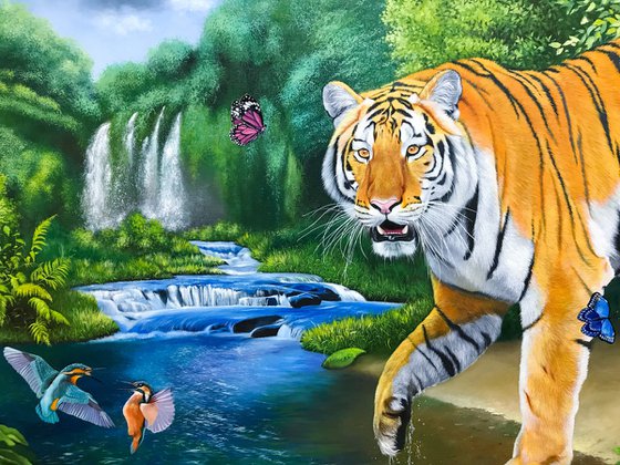 Tiger near the waterfall