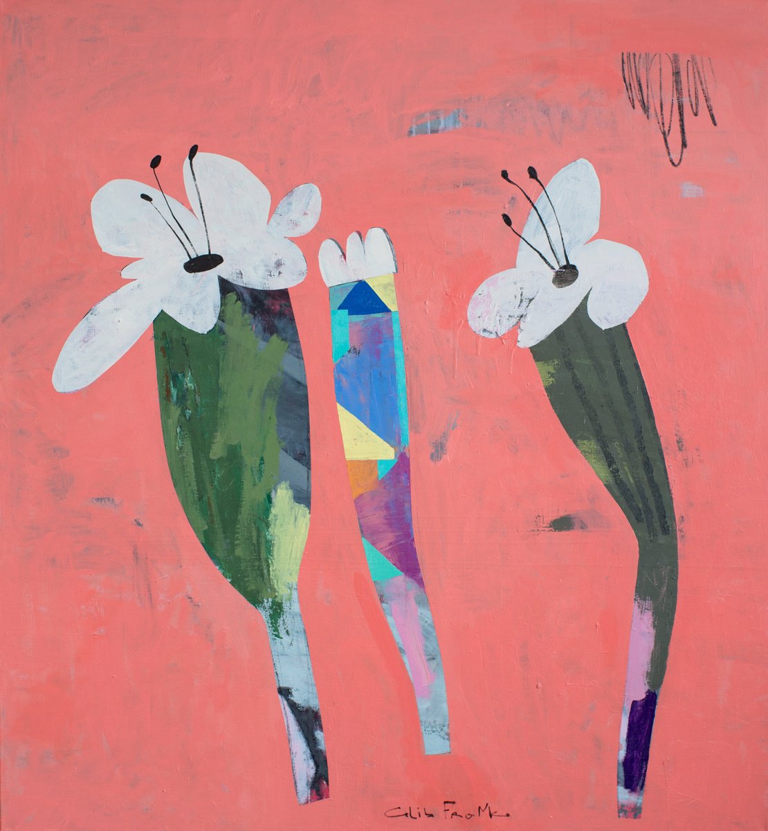 Abstract Botanical Oil Painting By Glib Franko, 47 X 51, The Three Flowers, Original Artwork