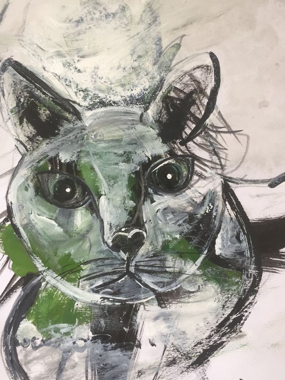 Cat Green Cat Art Pet Portrait Acrylic on Watercolour Paper Animal Painting Gift Ideas Original Art 8"x12"