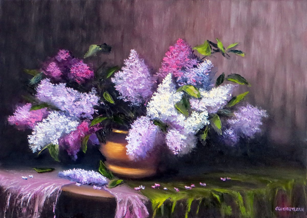 Expressive Still Life Oil Painting By Elena Lukina, 28 X 20, Still-Life With Lilac, Original Artwork
