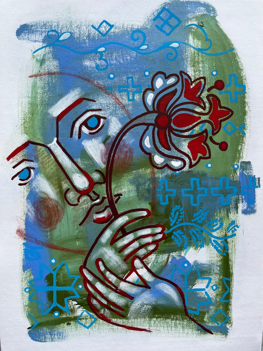 Naive Portrait Acrylic Painting By Yuliia Chaika, 12 X 16", Abstract Portrait With Flower, Original Artwork