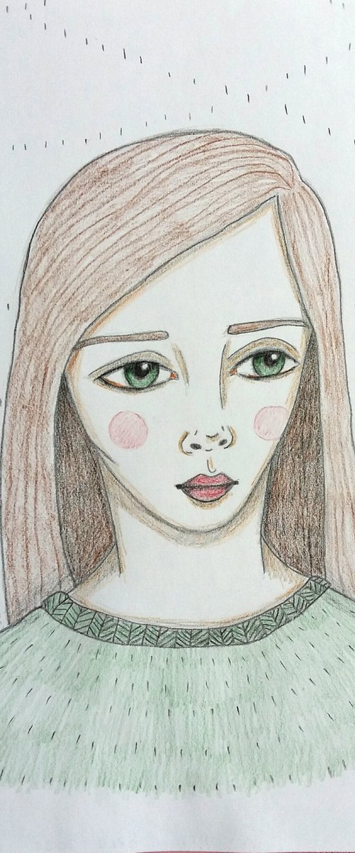 Portrait in a Green Jumper - Original Drawing by Kitty  Cooper