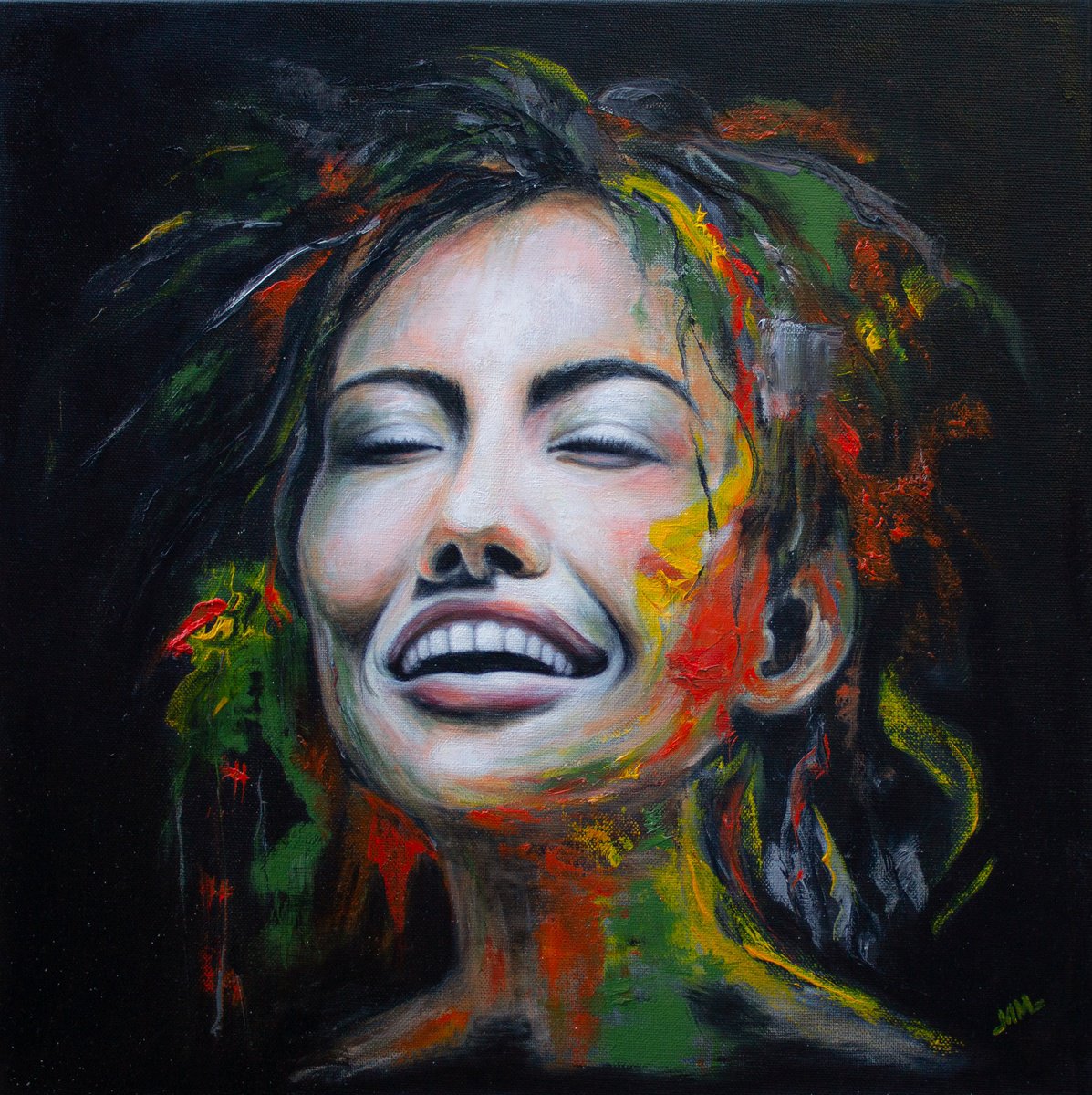Expressive Portrait Oil Painting By Mila Moroko, 18 X 18", Reggae, Original Artwork