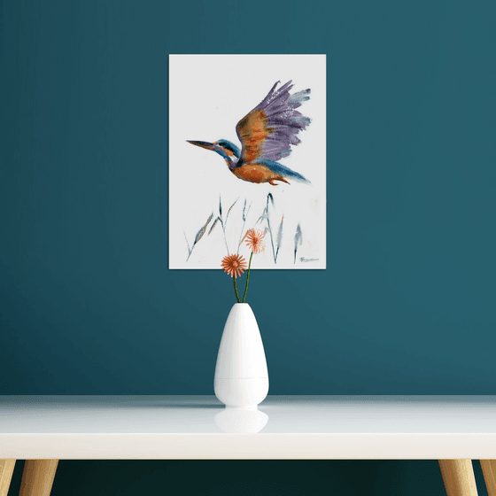 Flying Kingfisher  -  Original Watercolor Painting by Olga Shefranov
