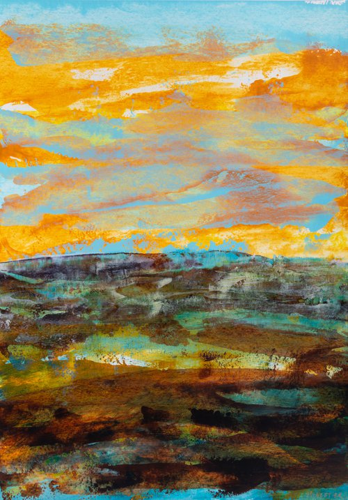 Orange clouds - knife painting, ideal decoration design home interior affordable abstract abstraction deco paper blue landscape cloudy sky by Fabienne Monestier