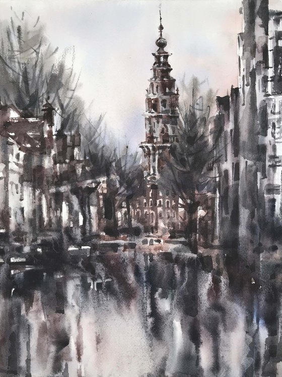 Channel. Amsterdam. one of the kind, original painting, watercolour.