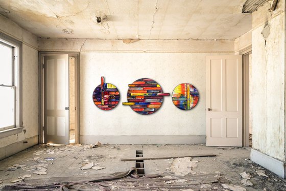 "Can We Tag Along?" - Save As A Series - Original PMS Sculptural Oil Painting Assemblage Triptych On Circular Wooden Panels - 68 x 25 inches