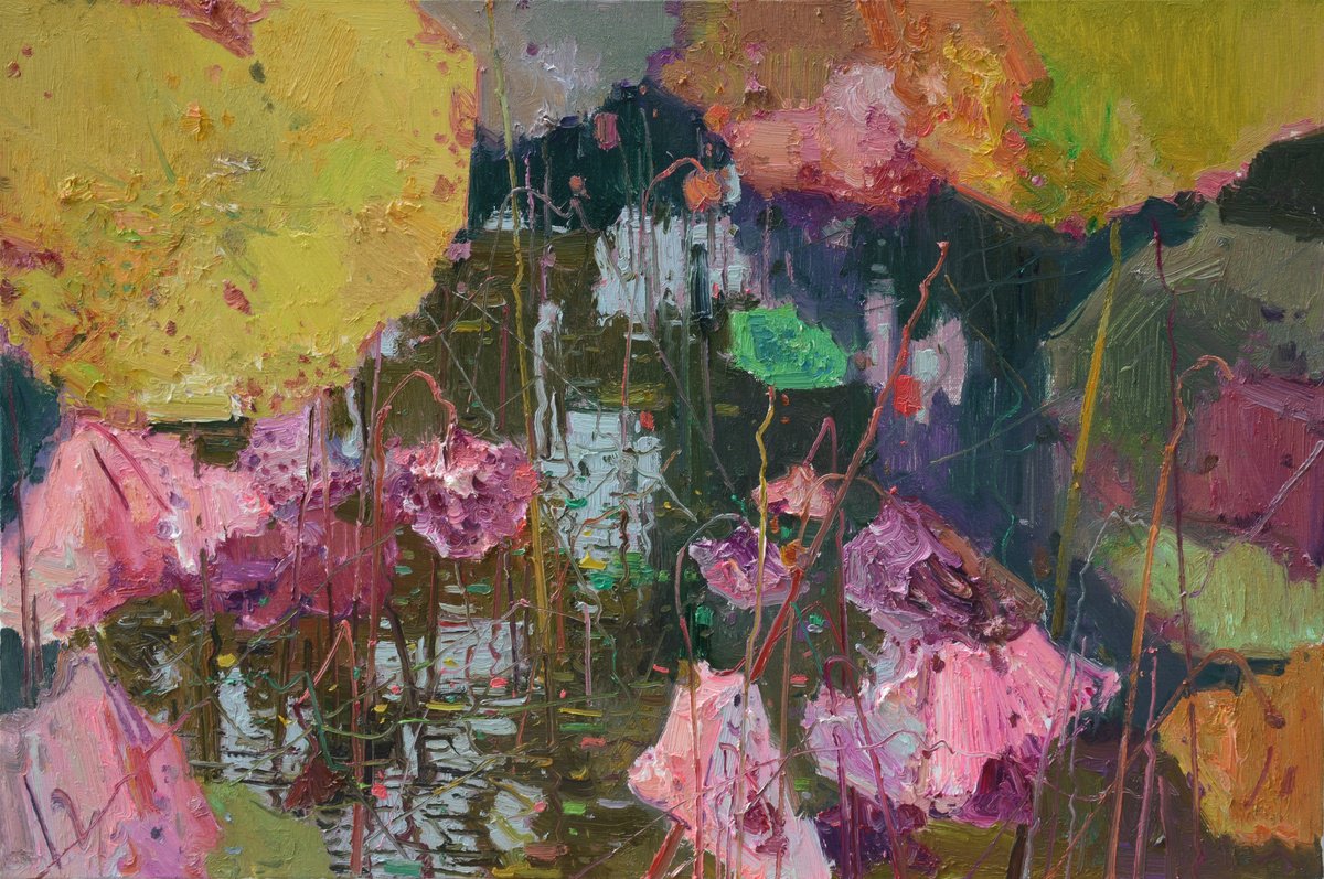 Impressionistic Landscape Oil Painting By Jianzhe Chon, 35 X 24, Waterlilies In Pond 199, Original Artwork