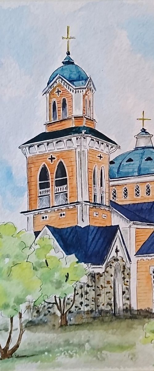 The church of Kerimäki (Finland). Watercolor painting. by Svetlana Vorobyeva