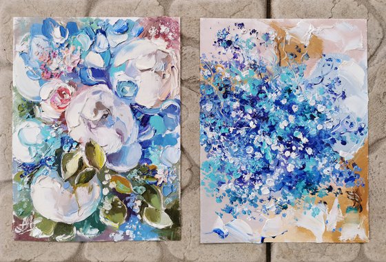 Blue flowers Paintings, Set of 2, Palette knife painting