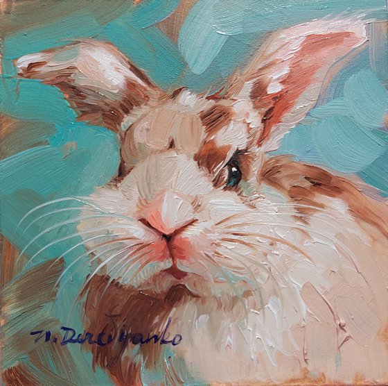 Cute rabbit painting original oil art 10x10 cm, White Bunny illustration on blue background nursery wall art