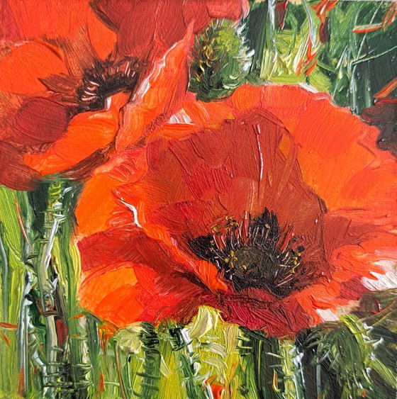 Poppy small painting original, Red flowers oil wall art 4x4 in frame