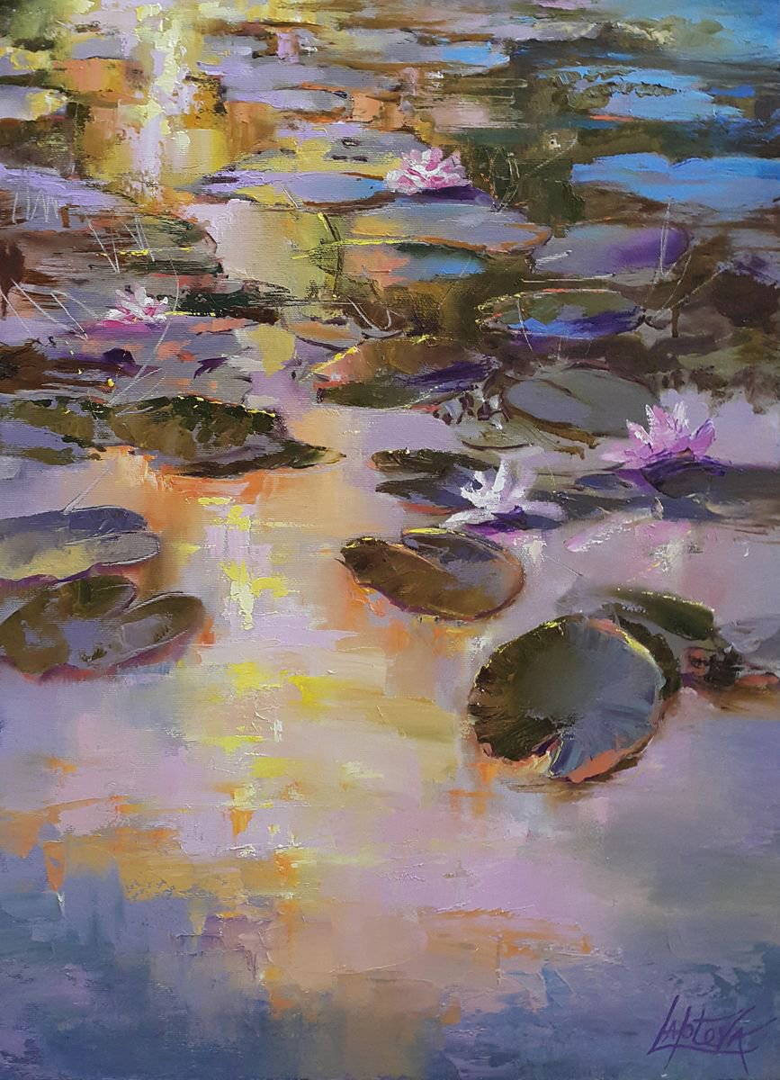 Impressionistic Botanical Oil Painting By Viktoria Lapteva, 17 X 24", Water Lilies Pond, Original Artwork