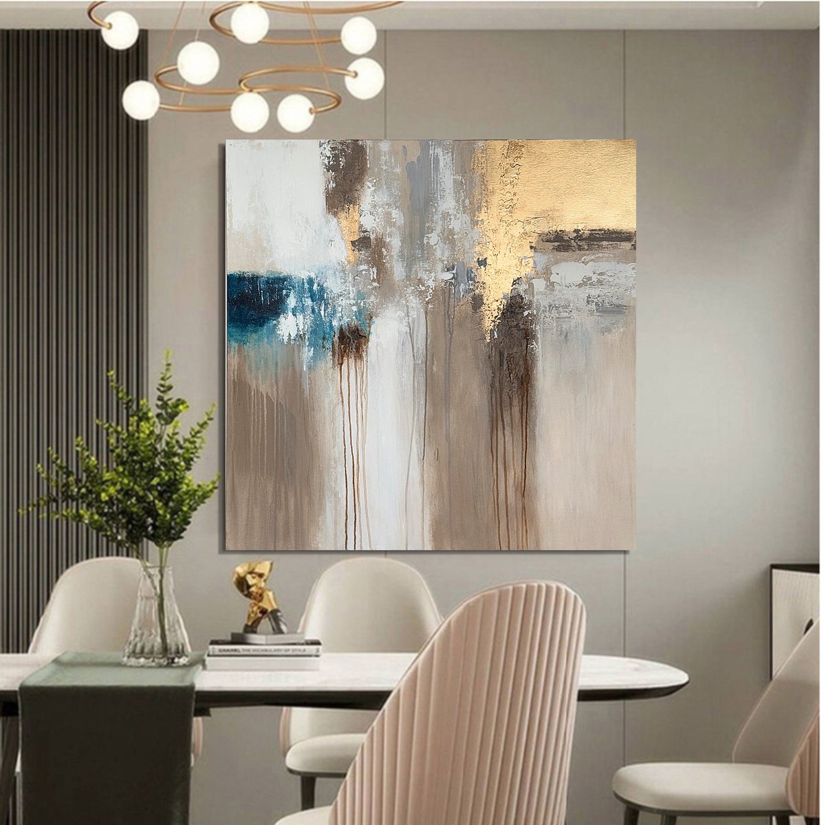 Expressive Abstract Acrylic Painting By Tatiana Malinovscaia, 31 X 31", Golden Harmony, Original Artwork