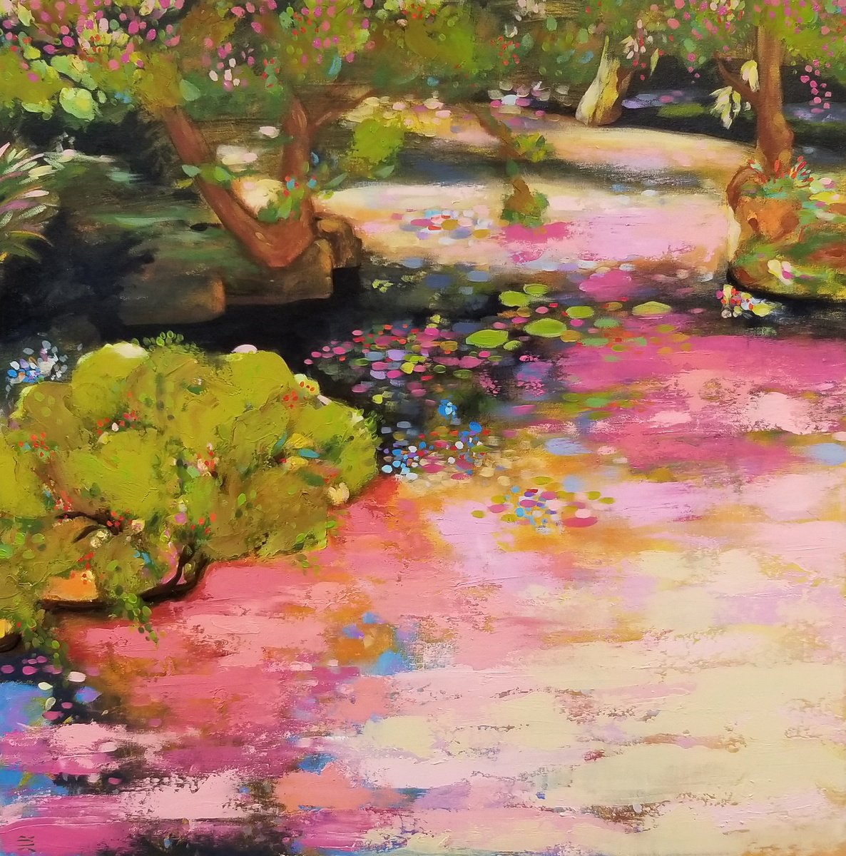 Impressionistic Landscape Acrylic Painting By Karen Rieger, 30 X 30", Glittering Pond, Original Artwork