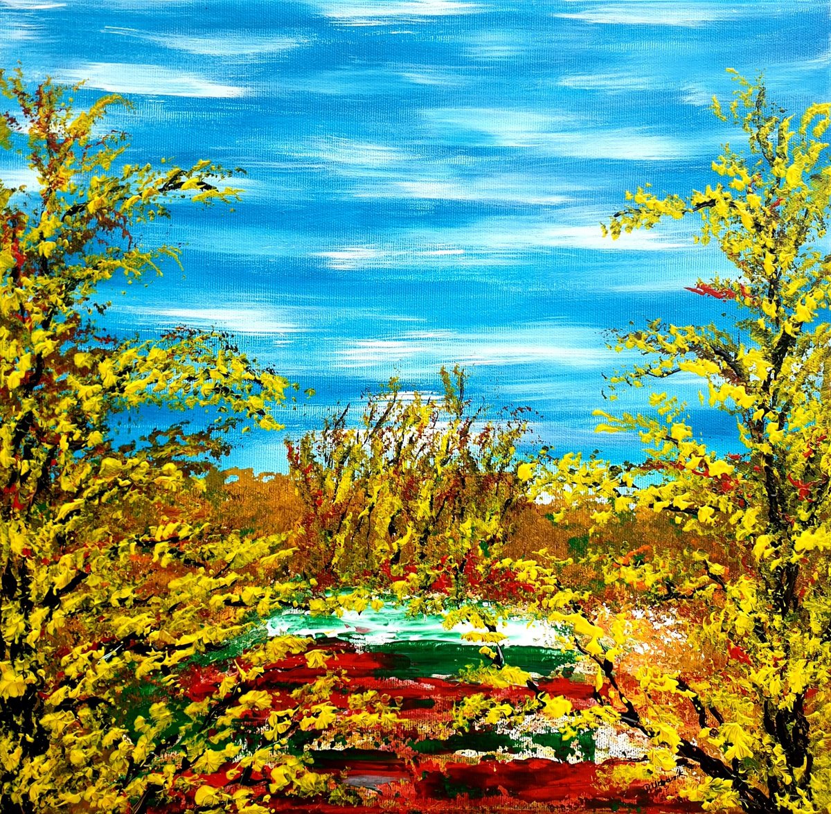 Impressionistic Landscape Acrylic Painting By Daniel Urbani?k, 16 X 16, Autumn Day 1, Original Artwork