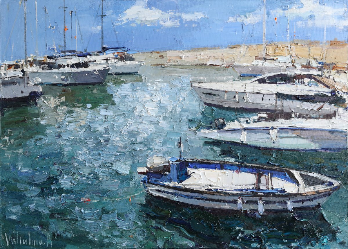 Impressionistic Landscape Oil Painting By Anastasiia Valiulina, 28 X 20, Yachts At The Pier In Jaffa, Original Artwork