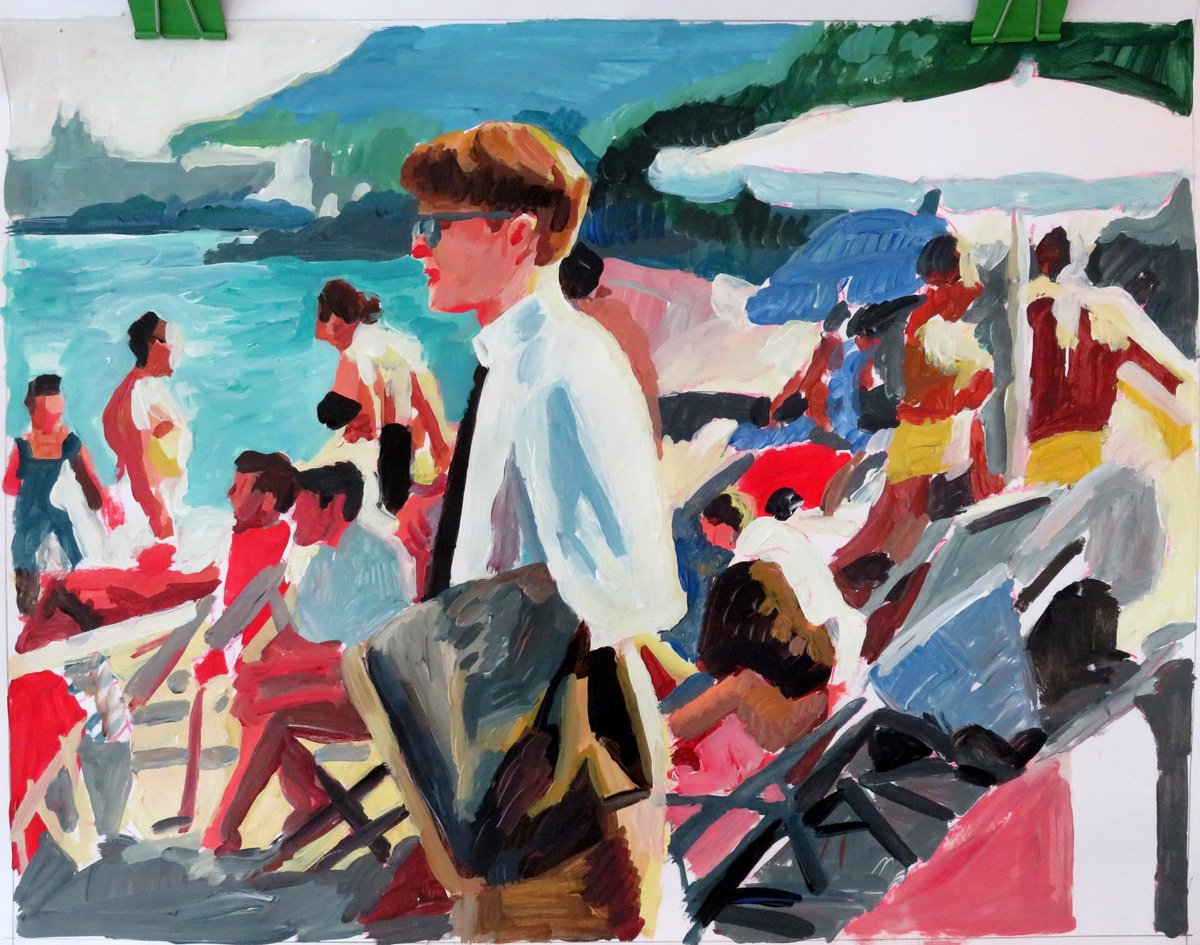 Impressionistic Landscape Acrylic Painting By Stephen Abela, 28 X 22", Tom Ripley Goes To The Beach, Original Artwork