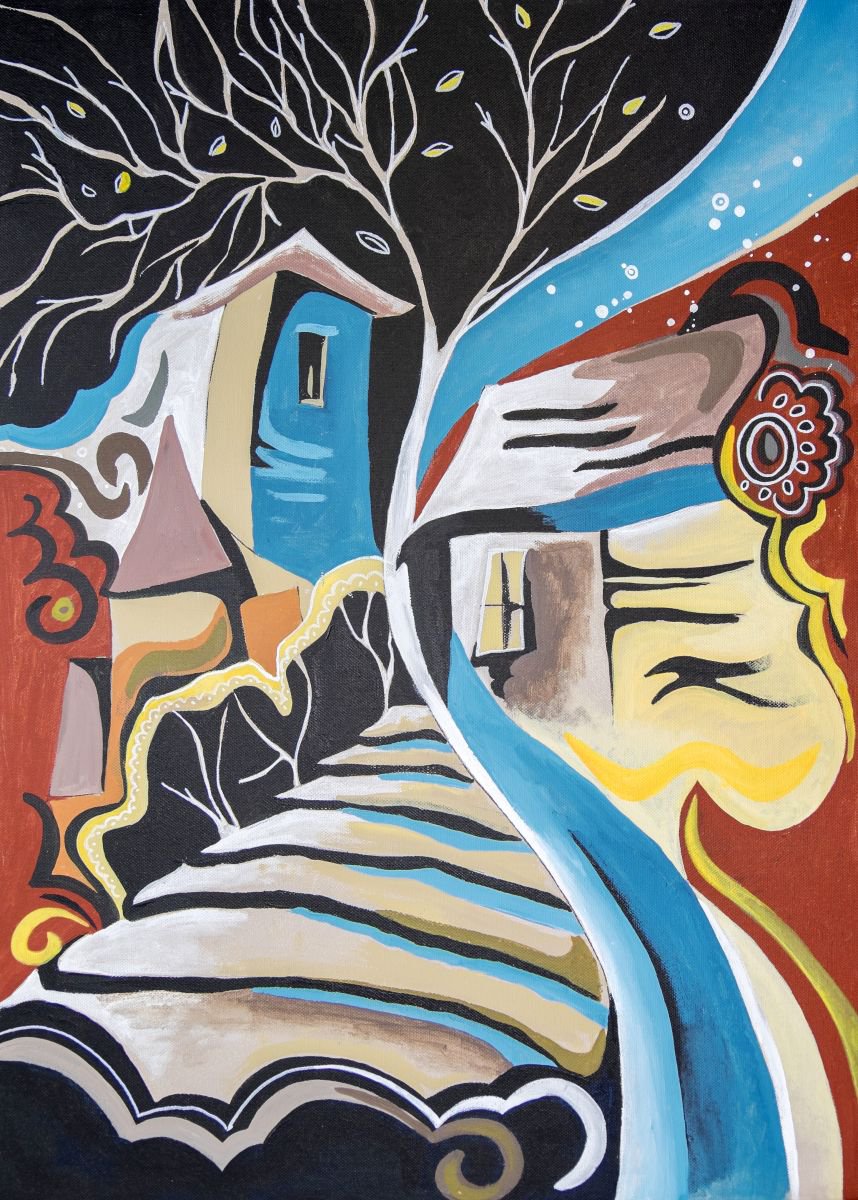 Graphic Cityscapes Acrylic Painting By Ariadna De Raadt, 20 X 28, Memory Of Town, Original Artwork