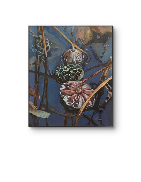 Lotus pond.Winter.Oil painting
