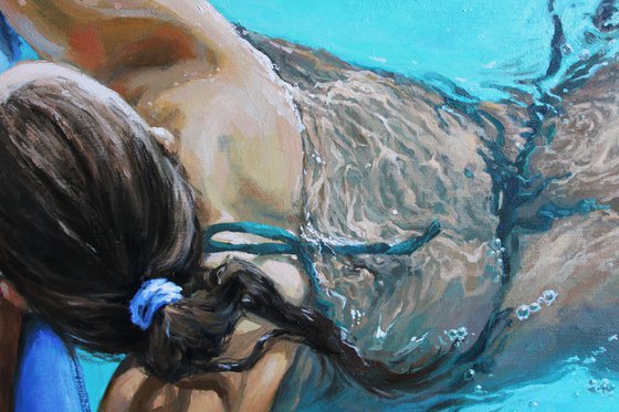 "Hot day". (145x90 cm). Girl, pool, clear water. Original painting.