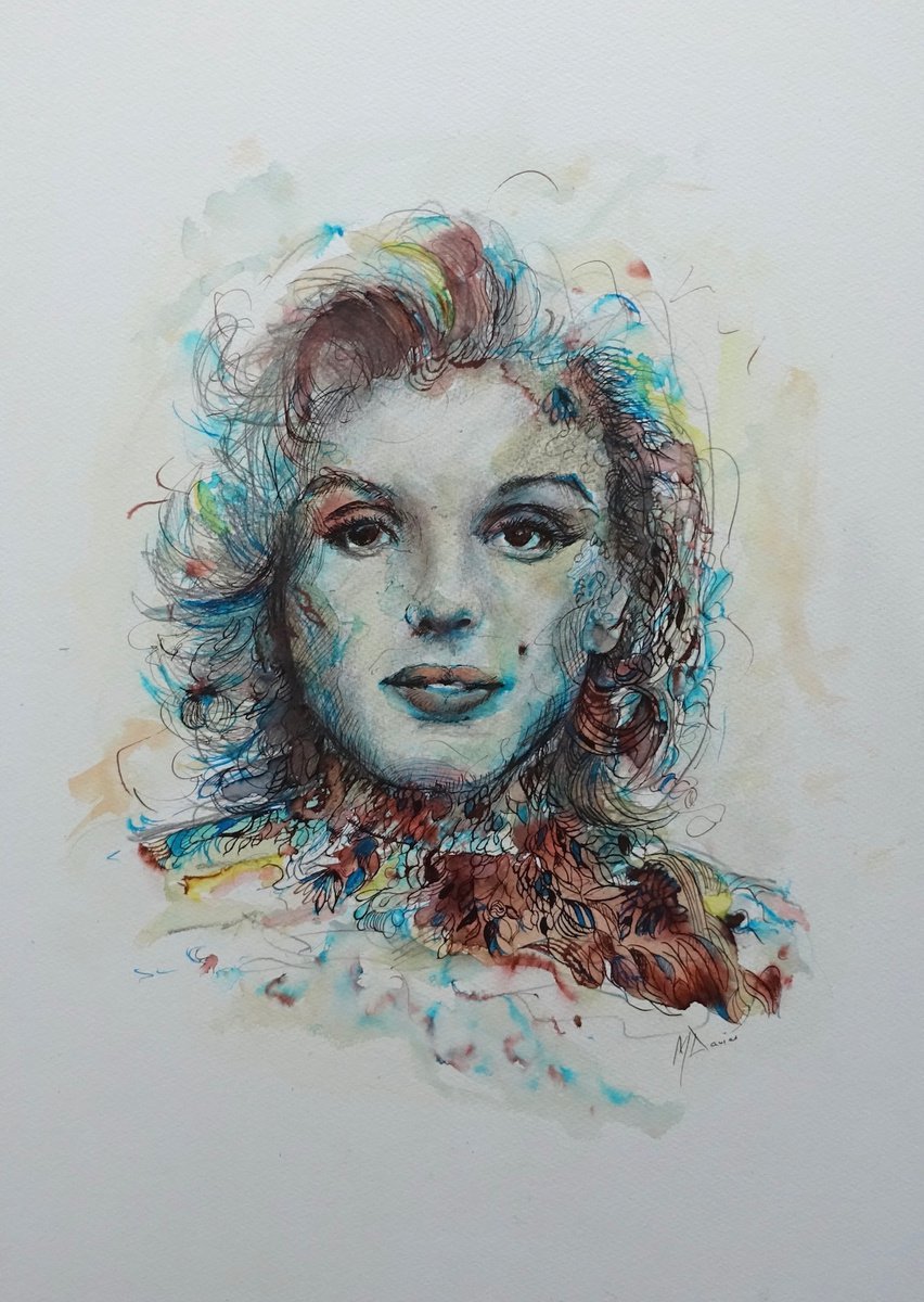 Impressionistic Portrait Ink Drawing By Mel Davies Original Art, 17 X 24", Marilyn, Original Artwork