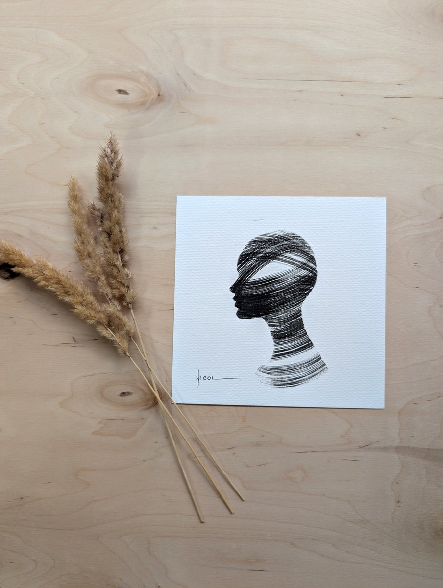 Expressive Portrait Ink Drawing By Nicol Vacaru, 6 X 6", Veiled Silence, Original Artwork