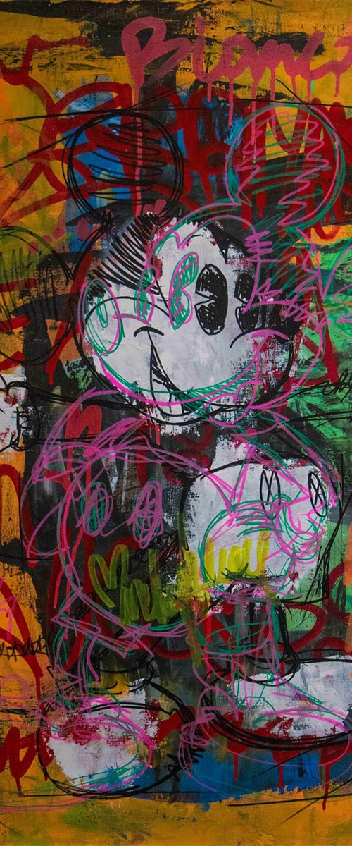 Mickey Mouse Street Art in pink, green black by Carlos Pun Art