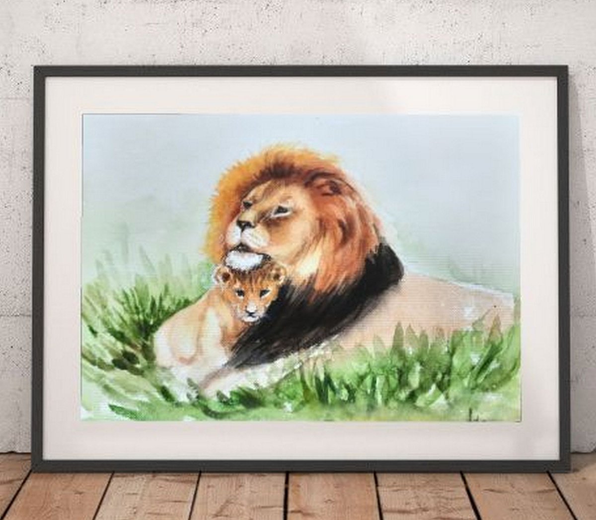 Lion King and cub Watercolor on paper by Asha Shenoy