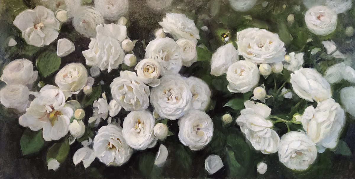 Photorealistic Oil Painting , White Roses And Bumblebee By Helinda (Olga Muller), 35 X 18, Artwork For Sale On Artfinder
